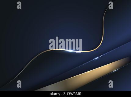 Abstract blue and golden wave stripes overlapping layer with lighting on dark blue background. Luxury concept. Vector graphic illustration Stock Vector