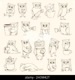 Owls with cup. Sleep concept birds characters sitting on coffee cups vector illustrations Stock Vector