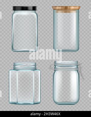 Transparent jar. Empty glass bottles liquid food containers vector realistic mockup Stock Vector