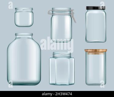 Glass jars. Product jam containers transparent bottles for liquids canned food for shelves vector template Stock Vector