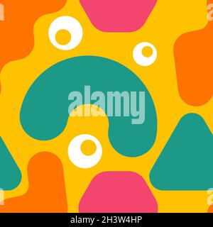Seamless pattern in memphis style, background with geometric shapes in 60s style. Template for banner, flyer, cover, birthday invitation. Vector illus Stock Vector