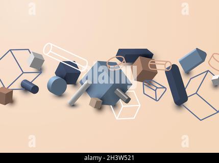 Set of abstract 3D geometric elements with shadow and outlines graphic background. Vector graphic illustration Stock Vector