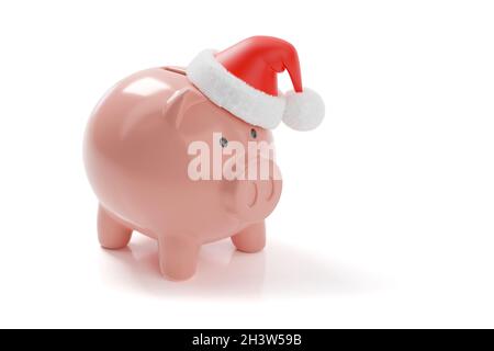 Piggy bank with Santa Claus cap isolated on white background. Christmas concept. 3d illustration. Stock Photo