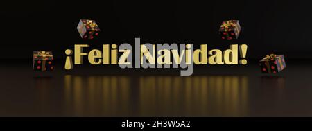 3d text 'Merry Christmas' in Spanish on dark background. 3d illustration. Stock Photo