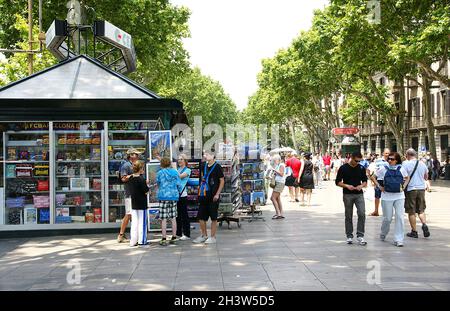 Magazine kiosk on Las Ramblas de las Flores in Barcelona, Catalunya, Spain, Europe Stock Photo