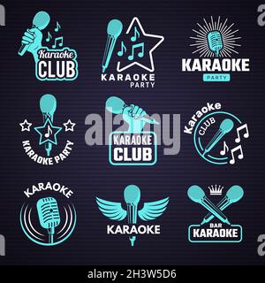Karaoke badges. Emblem for music studio microphone radio vinyl symbols recent vector logos Stock Vector