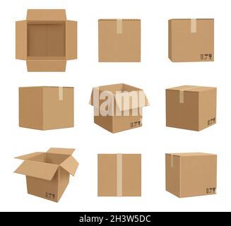 Cardboard boxes. Deliver craft packages front and side view decent vector realistic illustrations Stock Vector