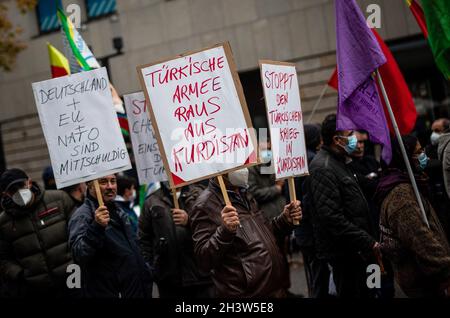 Stuttgart, Germany. 30th Oct, 2021. Kurdish supporters walk through downtown Stuttgart during a demonstration. They are demonstrating against the Turkish military deployment in northern Iraq. Credit: Christoph Schmidt/dpa/Alamy Live News Stock Photo