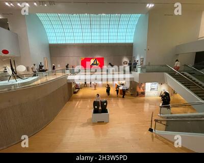 Inside the main hall of the dual levels of exhibits of artworks at the Palm Springs Museum of Art, CA Stock Photo