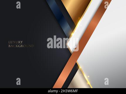 Abstract template 3D geometric stripes golden metallic color on black background. Vector graphic illustration Stock Vector