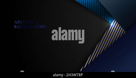 Banner web template 3D abstract black and blue geometric triangle overlapping dimension layer with golden stripes paper cut on dark background. Vector Stock Vector