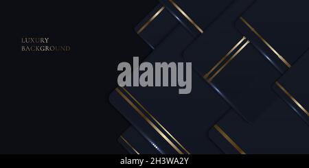 Abstract elegant template dark blue square with golden stripes decoration on black background modern luxury style. Vector graphic illustration Stock Vector