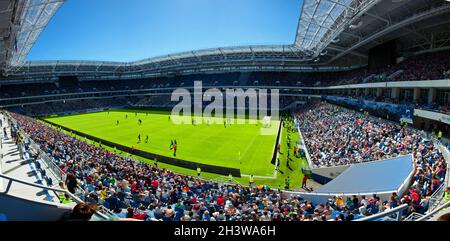 Soccer stadium arena with natural green grass Stock Photo