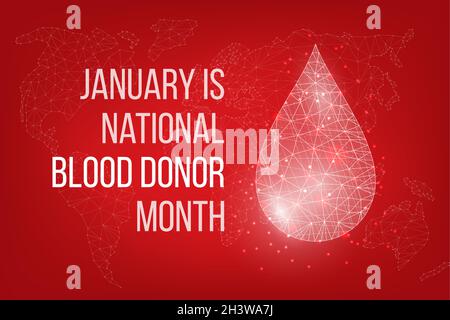 National Blood Donor Month concept. Banner with glowing low poly white blood drop on red background. Vector illustration. Stock Vector