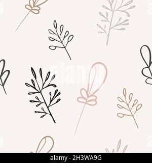 Seamless pattern of leaves, branches, trees in muted beige tones.  Stock Vector