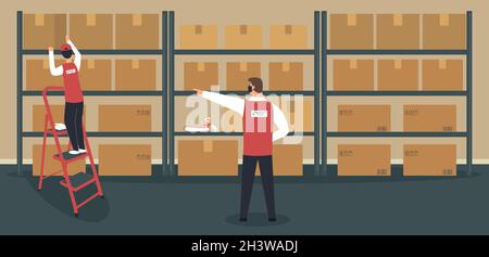 Warehouse or storeroom: storekeeper on ladder near rack with cardboard boxes and his boss gives him instructions.Cargo in packages, tape dispenser Stock Vector
