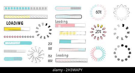 Loading progress bar vector style in doodle style. Updated progress circle bar icons. Loader button. Load progress bar for UI. Upload status collectio Stock Vector