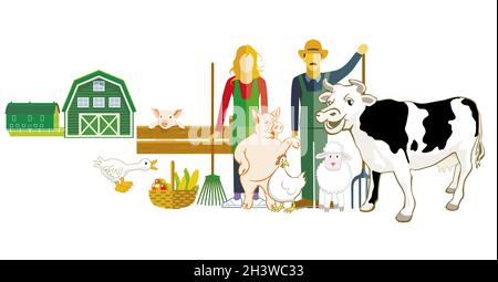 Farmer with his animals illustration Stock Photo