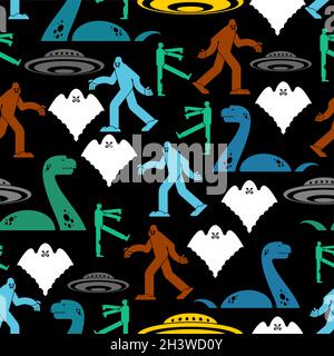 Paranormal monsters pattern seamless. Werewolf and zombies. UFO and Yeti. Loch Ness monster and ghost. monster background Stock Vector