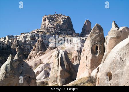 Uchisar castle seen from the Pigeon valley, Turkey Stock Photo