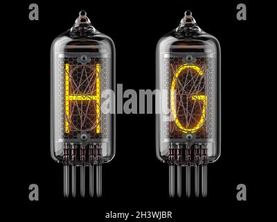 Nixie tube indicator. Letters h and g on black background. 3d illustration Stock Photo
