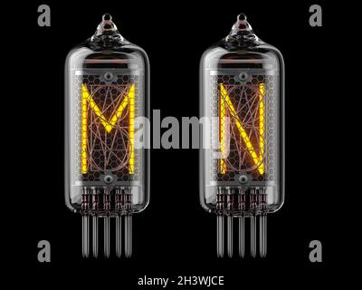 Nixie tube indicator. Letters m and n on black background. 3d illustration Stock Photo