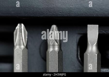 Replaceable screwdriver bits in a holder of toolkit Stock Photo