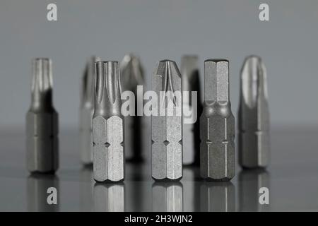 Replaceable screwdriver bits. Replaceable screwdriver bits are visible on a grey background. Stock Photo