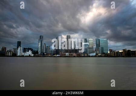 Dusk at Canary Wharf, captured from the Greenwich Peninsula in London, England UK Stock Photo