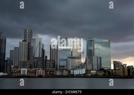 Dusk at Canary Wharf, captured from the Greenwich Peninsula in London, England UK Stock Photo