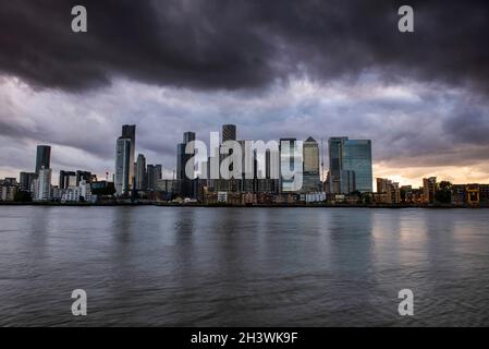 Dusk at Canary Wharf, captured from the Greenwich Peninsula in London, England UK Stock Photo