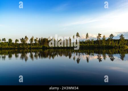 Calm idyllic deep blue lake with forest on the shore and reflections of trees in the water Stock Photo