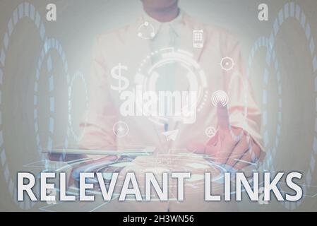 Text showing inspiration Relevant Links. Internet Concept Significant sites for a particular topic Associated Lady In Uniform Holding Tablet In Hand Stock Photo