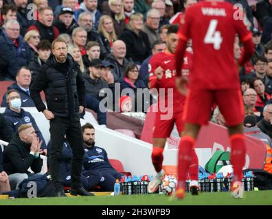 Anfield, Liverpool, UK. 30th Oct, 2021. Premier League football, Liverpool versus Brighton and Hove Albion; Brighton and Hove Albion manager Graham Potter looks on from the touchline Credit: Action Plus Sports/Alamy Live News Stock Photo