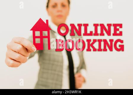 Handwriting text Online Booking. Business showcase Reservation through internet Hotel accommodation Plane ticket Real Estate Agent Selling New Stock Photo