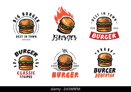 Burger logo set. Emblems or restaurant menu, cafe. Vector illustration Stock Vector