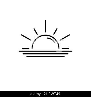 Sunset line icon. Black sunshine and sea waves on water. Simple vector illustration isolated on white background. Stock Vector