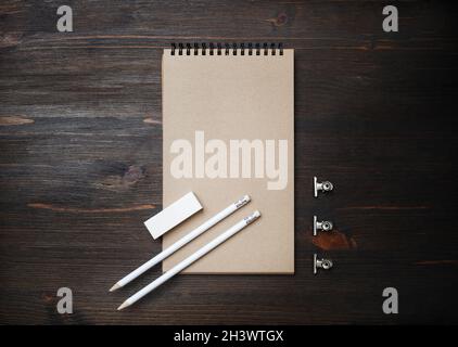 Kraft notebook, pencil, eraser Stock Photo