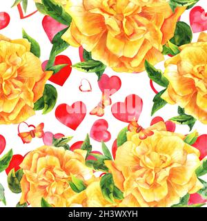 Seamless watercolor yellow rose pattern on white with hearts and butterflies Stock Photo