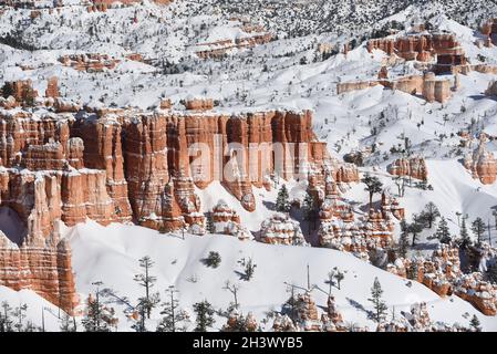 Panorama of snow covered red Hoodoos in the Winter wonderland of Bryce Canyon National Park, Utah, USA.  Note the large, full frame format. Stock Photo