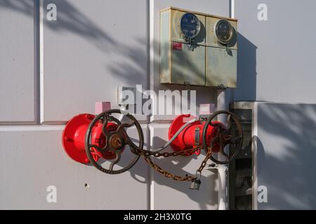 Fire protection gate valves on a modern office building in Issaquah, Washington, USA Stock Photo