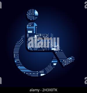 Wheelchair user symbol with a technological electronics circuit. Blue background. Stock Vector