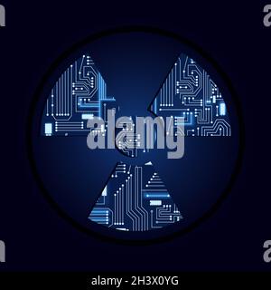 Radioactive symbol with a technological electronics circuit. Blue background. Stock Vector