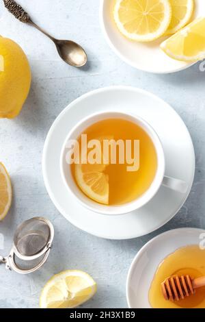 Lemon tea and honey, shot from above. Natural remedy Stock Photo