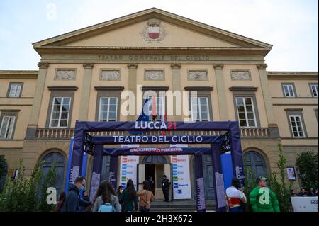 Lucca Comics and Games 2021, The city of Lucca and its squares are back to fill up thanks to the crowd of people passionate about comics and the Lucca Comics and Games, in the photo crowd of people in the street for the comic event. Stock Photo