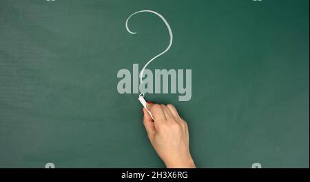 White chalk drawn question mark and female hand. Question and answer concept Stock Photo