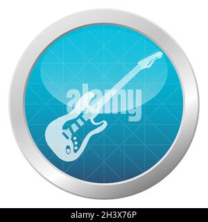 Electric guitar music instrument white icon on light blue shiny circle with metal frame. Vector illustration isolated on white background. Stock Vector