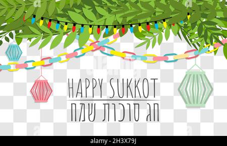 Happy Sukkot Jewish Holiday Poster Sukkah With Decorations Vector Illustration. Hebrew Text Translation: 'Happy Sukkot Holiday'. Stock Vector