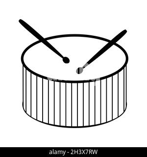 Drum and drumsticks icon. Percussion musical instrument black line symbol isolated on white background. Vector illustration. Stock Vector