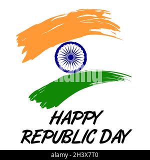 Happy republic day text and India flag. Green orange and blue India national colors. Brush stroke vector illustration. Stock Vector